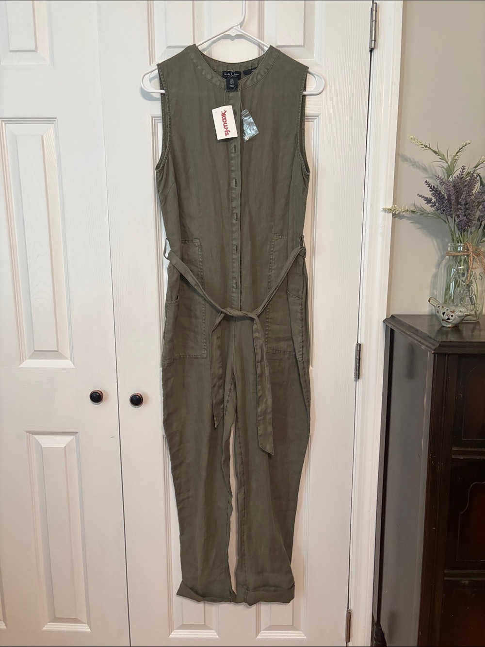 Sleeveless Utility Jumpsuit with Tie Waist in Olive